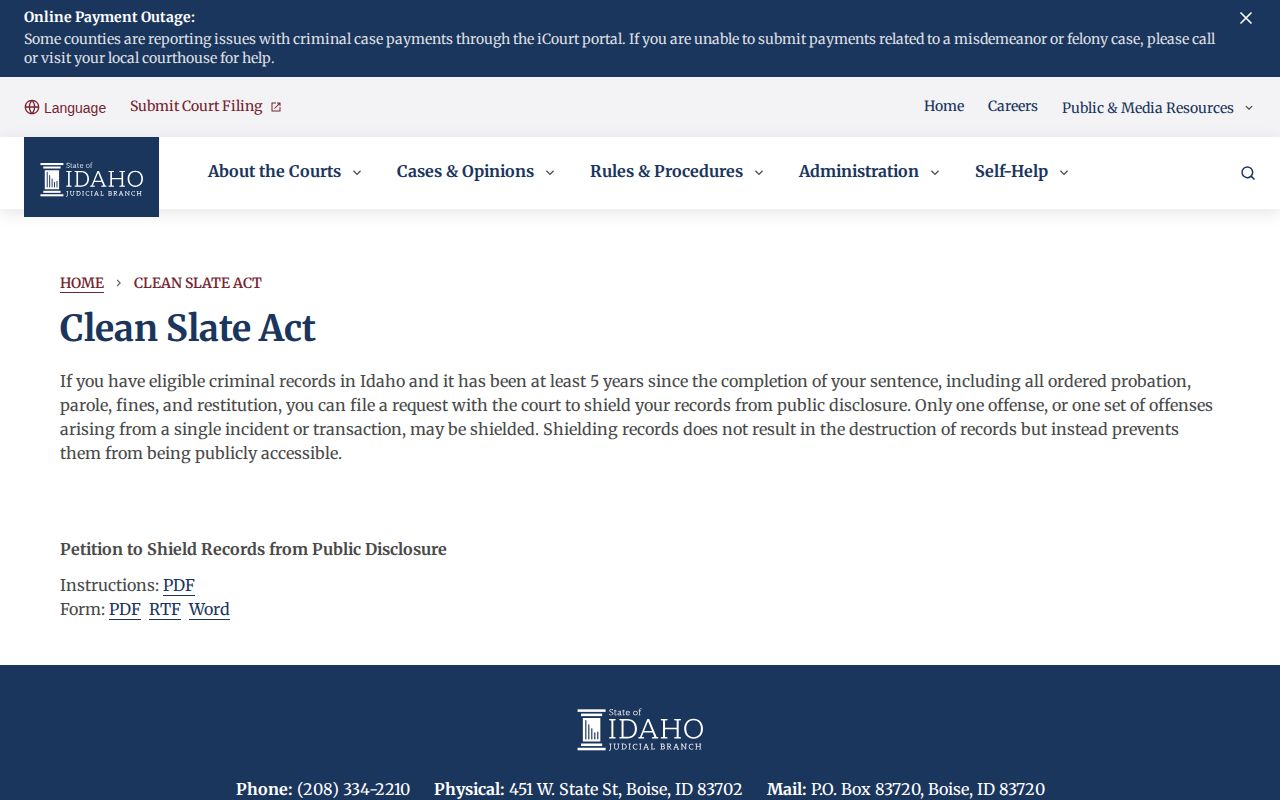 Idaho Clean Slate shielding information for Oneida County court records