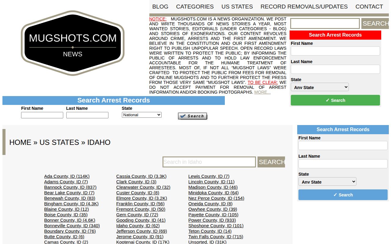 Unofficial Idaho mugshot index landscape relevant to Oneida County, not an official roster